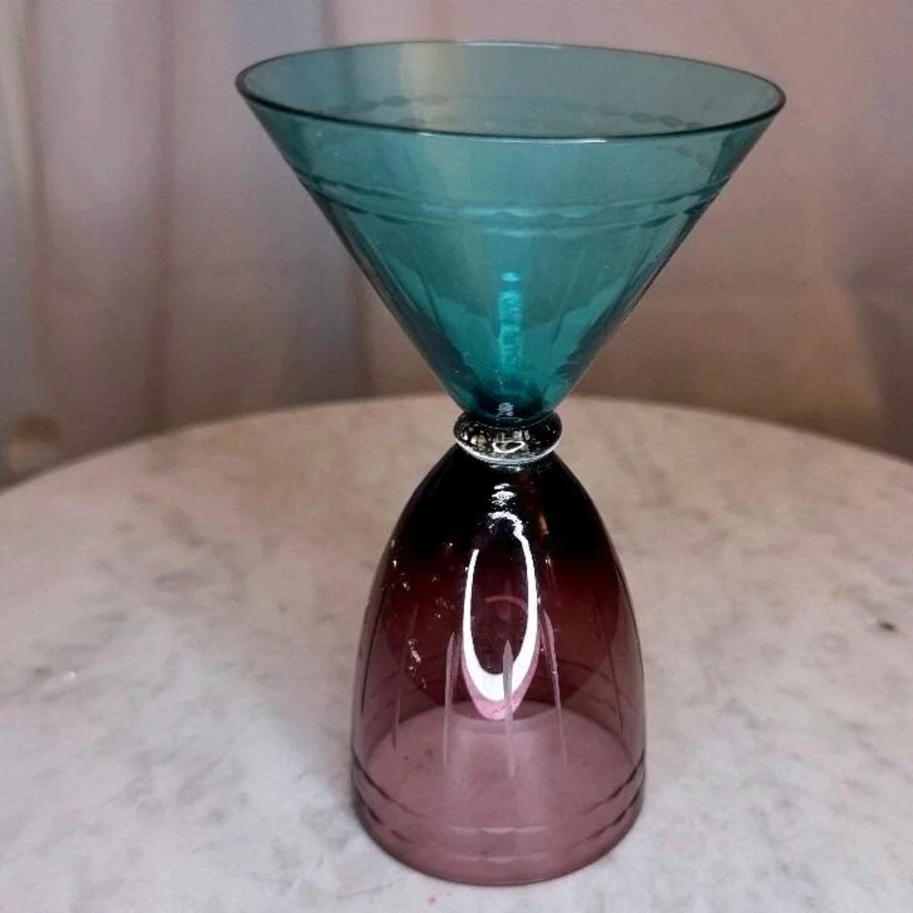 Vintage Two Tone Etched Glass Double Sided Jigger Teal Purple Barware Measure